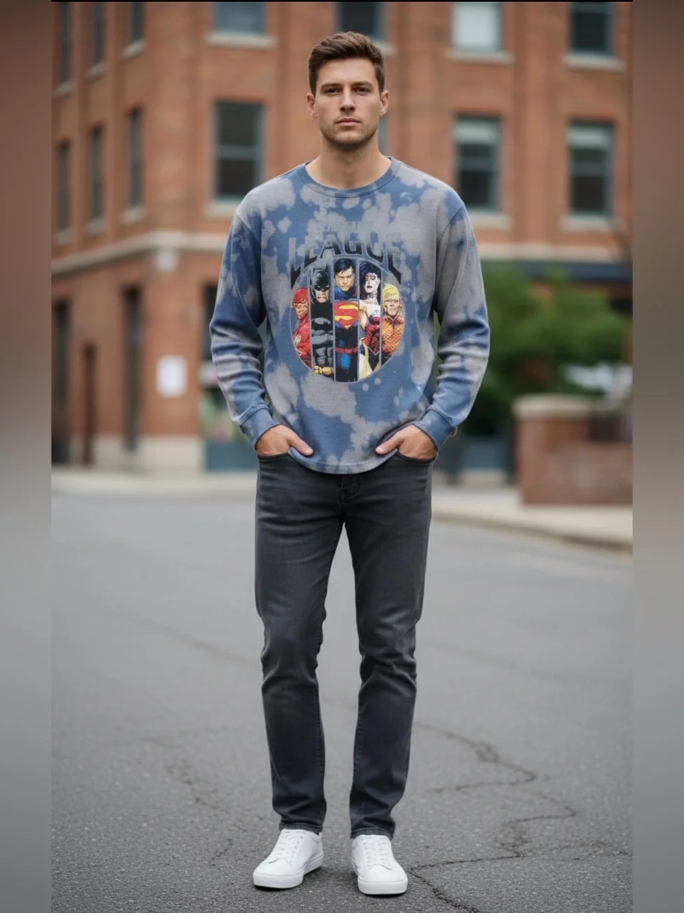 Justice League Adult Large Waffle Knit Thermal Shirt Streetwear Superhero Grunge